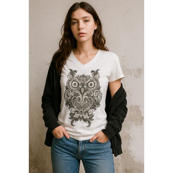 None Tops - Vintage Inspired Graphic Owl White V-Neck T-Shirt Del Sol Size Small